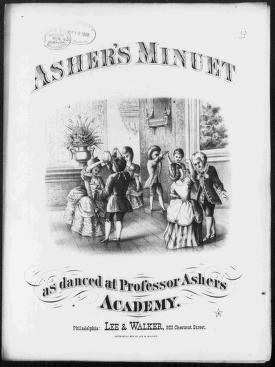 A minuet danced by a formally dressed couple in a Victorian ballroom, watched by a crowd of spectators.