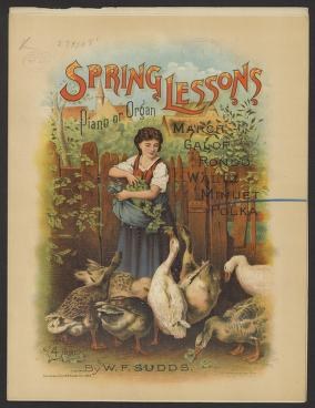 A woman in dark dress demonstrates the minuet to a cluster of white ducks and geese in a garden.