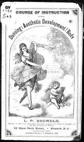 Title page engraving showing a classical female figure in graceful repose, flanked by two putti, for an 1889 dance instruction manual.