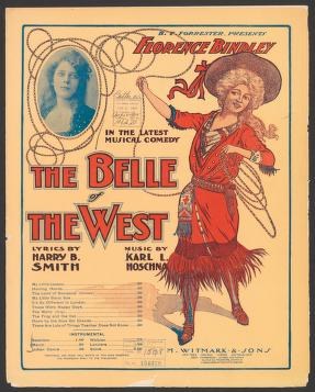 Color poster for 'The Belle of the West' musical comedy showing a woman in red costume leaning backward with raised knee, 1905.