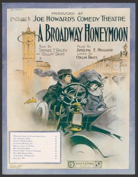 Theatrical poster for A Broadway Honeymoon showing two figures in a motorcar rendered in expressive green ink and watercolor.