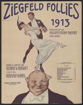 Theatrical poster showing a man in a dark suit lifting a woman in a white gown in an aerial arch, with text advertising Ziegfeld Follies 1913.