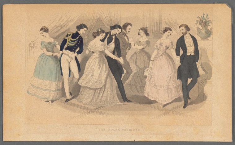 Hand-colored lithograph of a couple dancing the polka in a Victorian ballroom, surrounded by elegantly dressed observers.