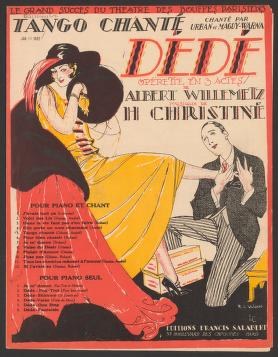 Art Deco lithographic poster showing a woman in a yellow gown and black shawl tilting backward, a man in evening dress leaning toward her in a tango embrace.