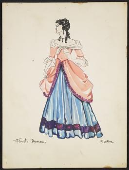 Woman in 1930s costume design drawing wearing pink gown with blue underskirt and white shawl, standing in formal pose.