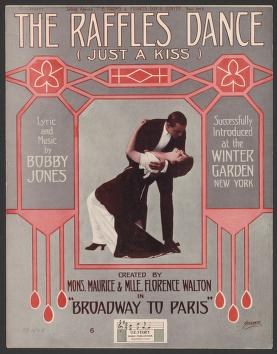 Sheet music cover showing a man and woman in a close ballroom hold, the woman arching backward, in formal 1910s dress within an Art Deco border.