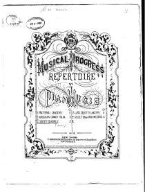 Ornate title page for a dance instruction book, with rococo border and text reading 'Musical Progress Repertoire Quadrille,' printed in 1873.