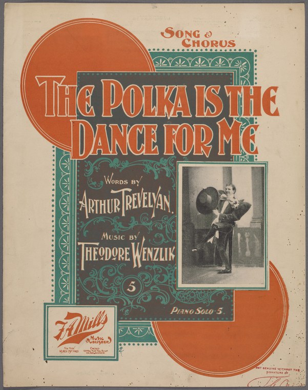 Couple in formal Victorian dress dancing in closed position, reproduced on a decorative sheet music cover for 'The Polka is the Dance for Me.'