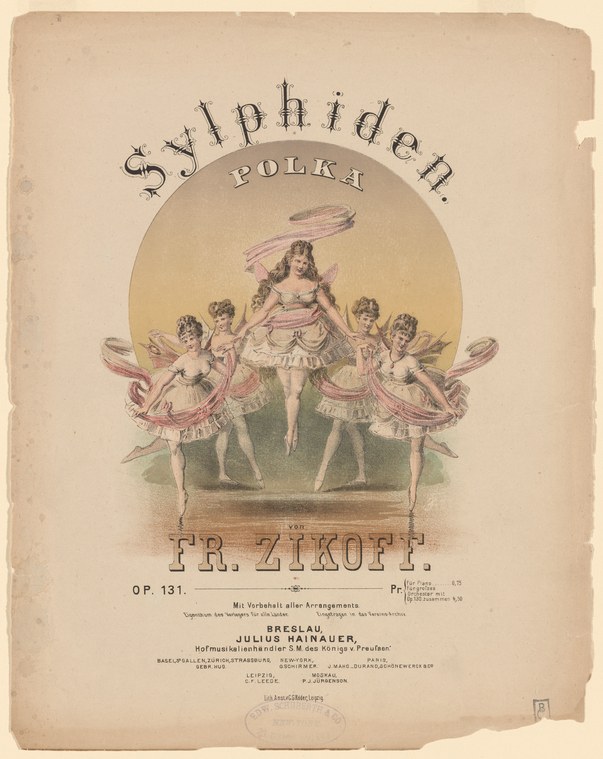 Lithograph of five ballet dancers in classical poses and tutus arranged symmetrically around a central figure, with decorative title 'Sylphiden Polka' by Fr.