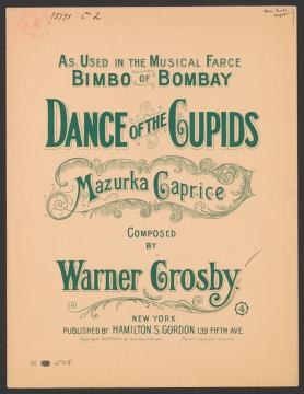Cream-colored printed sheet-music cover with green typography advertising a mazurka composition titled Dance of the Cupids from an 1897 musical farce.