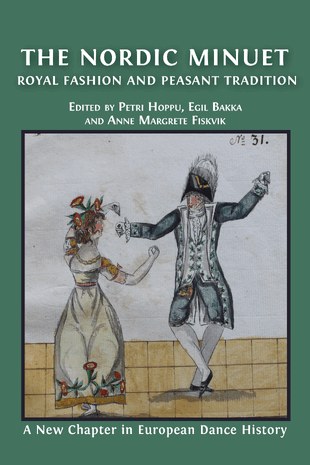 Hand-colored engraving showing a man and woman in formal dress performing the opening of a minuet, arms raised and open, on a checkered floor.