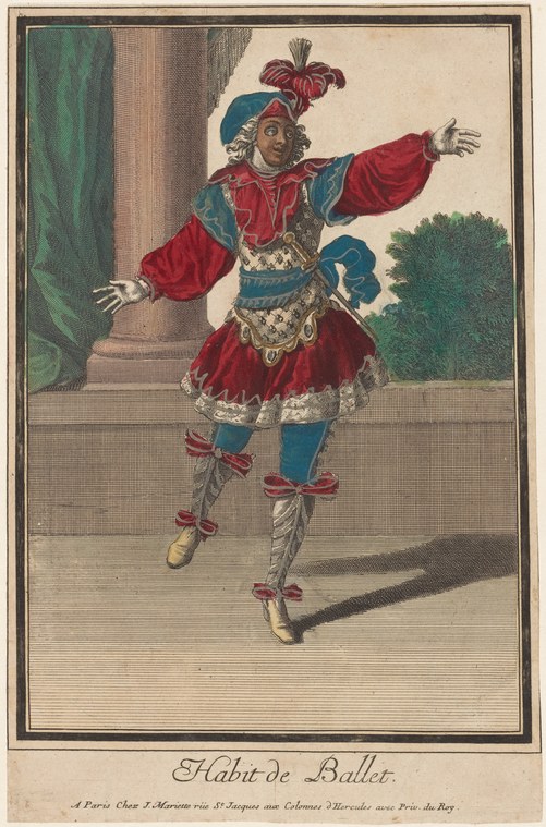 A single figure in red and blue silk with a tall red plume poses with arms extended in a courtly garden, in a hand-colored engraving labeled Habit de Ballet.