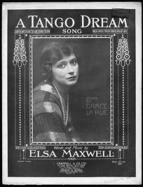 Sheet music cover from 1913 showing a woman in a beaded costume against a dark background, framed by Art Deco borders, titled 'A Tango Dream' by Elsa Maxwell.