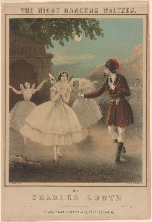 A male dancer in dark Romantic-era dress reaches toward a central female dancer in white tulle surrounded by identical female figures, set in a moonlit