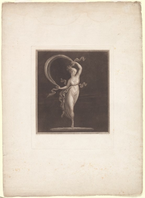 A solitary female figure in classical drapery poses with raised arms against a dark background, ribbons flowing around her.