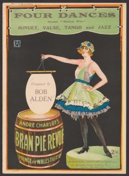 Woman in yellow-green Empire-waist dress gestures toward a cylinder labeled Bran Pie Revue against black background. Sheet music cover, 1919.