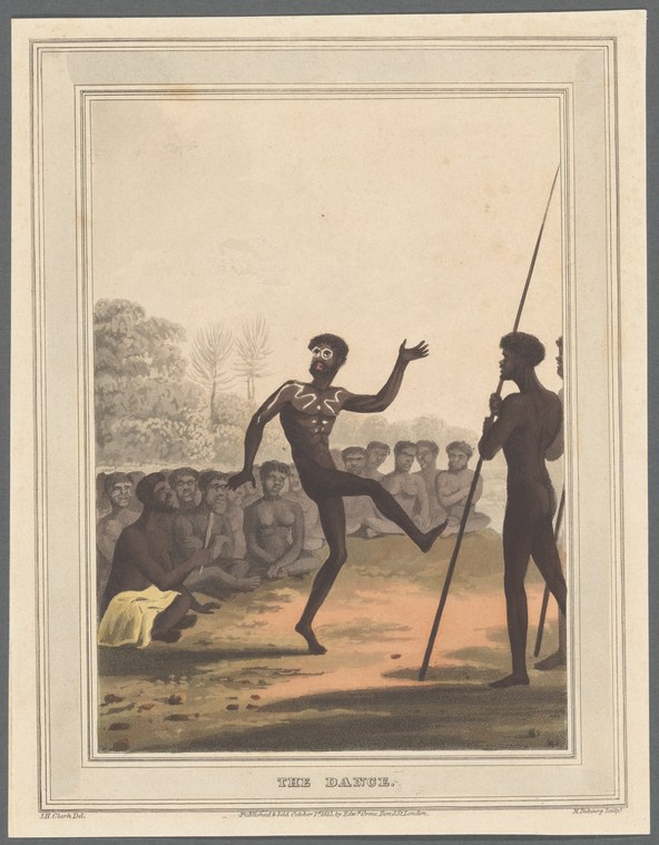 A dynamic figure leaps with one leg extended, watched by a crowd, while another figure holds a vertical staff.