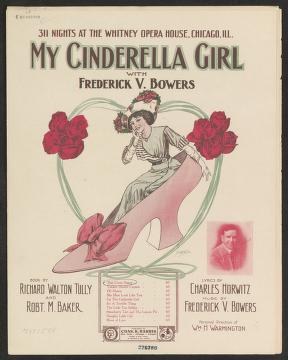 Art Nouveau theatrical poster for a musical comedy, showing a woman in a pink ball gown posed gracefully against oversized red roses.