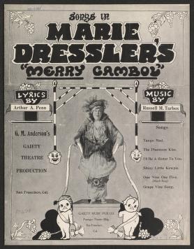 Ornate theatrical poster advertising Marie Dressler in Tango Mad, featuring a centered portrait of the performer in dark dress with feathered hat, decorative