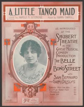 Color poster for Broadway musical featuring woman's face in oval frame, 'A Little Tango Maid' title, 1914.