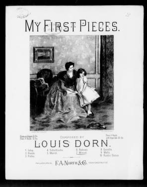 Young girl in white dress stands in formal posture; older woman in dark dress watches from a chair in a parlor interior.