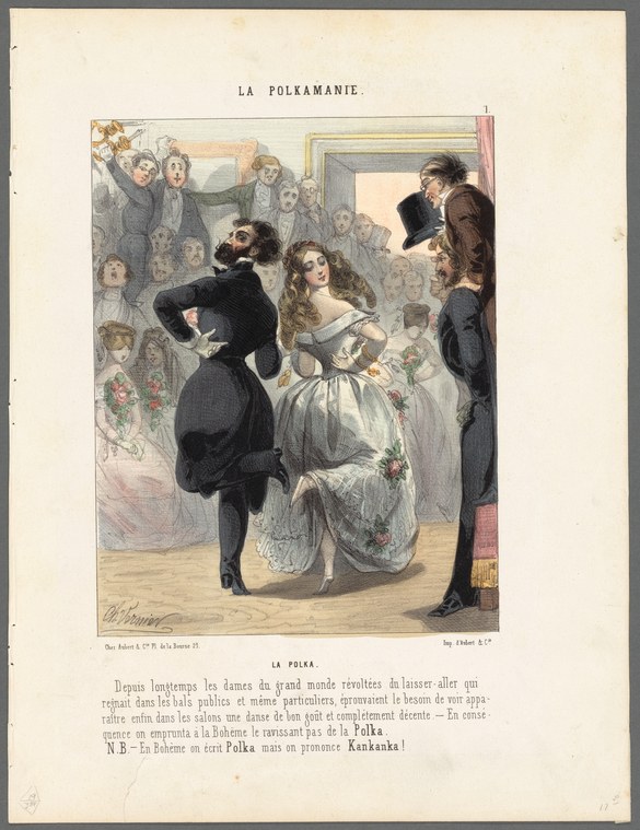 A young couple in formal Victorian dress performs the polka in an elegant ballroom, watched by a crowd of onlookers in an ornate interior.