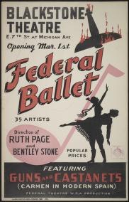 1934 theatrical poster for Federal Ballet featuring two ballet dancers in classical pointe positions against geometric background, with bold Art Deco