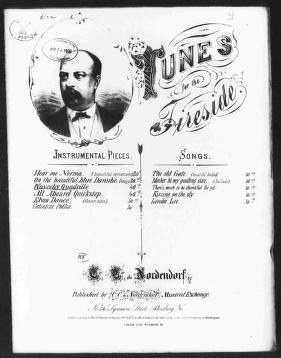 Victorian music cover for Waverley Quadrille by Boosey & Co, 1873, with portrait of bearded composer and title in ornamental type.