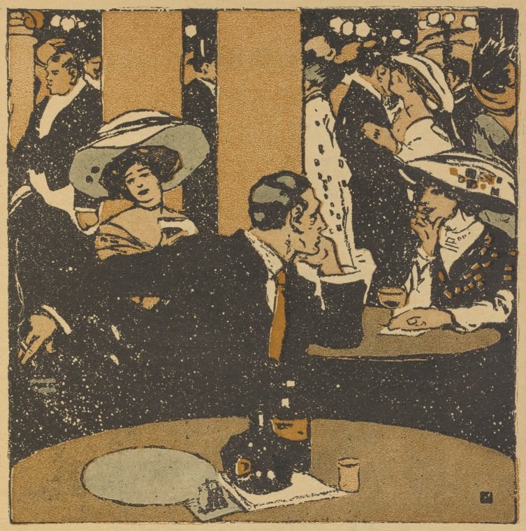 Woodcut showing five figures in 1910s dress mingling in a dance hall; a woman in a feathered hat leans left while men and women cluster right; empty place