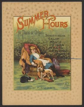 Woman and child in fashionable Victorian dress seated together in a garden, with a small dog at their feet.