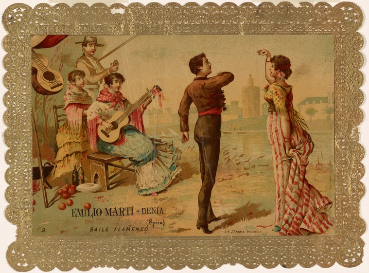 Chromolithograph: flamenco dancers in Spanish dress; man in suit and woman in pink ruffled skirt pose dynamically opposite each other while musicians and
