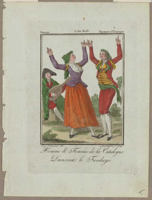 Hand-colored print of three figures in 18th-century dress dancing outdoors: a woman in a purple bodice and orange skirt with raised arms, a man in a striped