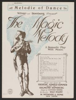 Lithographic poster showing a male dancer in historical costume, posed in arabesque with one arm raised, for the 1920 ballet *The Magic Melody*
