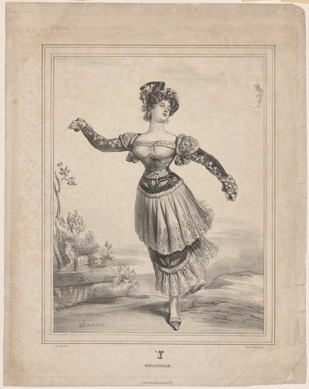 Woman in Edwardian theatrical costume posed in a balletic arabesque, titled Spanish dancing, engraving, early 1900s.