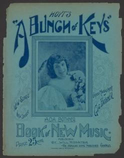 Woman in pale dress holding a large bouquet of roses, seated against a blue background, on a color lithographed sheet music cover from 1894.