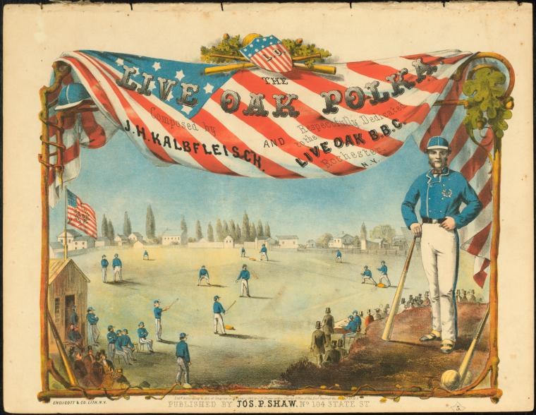 Lithograph of a giant man in military dress holding a baseball bat, presiding over a baseball game with small uniformed players on a vast field.