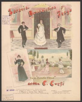 Chromolithographic poster of Argentine tango, 1901: upper panel shows man and woman in ballroom hold; lower panel shows garden party with spectators.