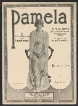1918 theatrical poster for Pamela featuring a woman in classical draped gown with raised hand, posed pensively against decorative border.