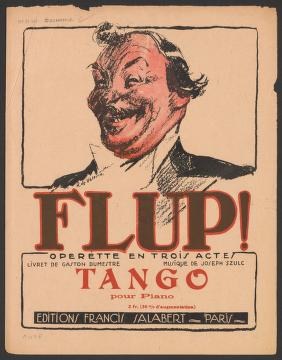 Color lithograph cover for the 1919 operetta Flup!, featuring an exaggerated male caricature face in red and black.