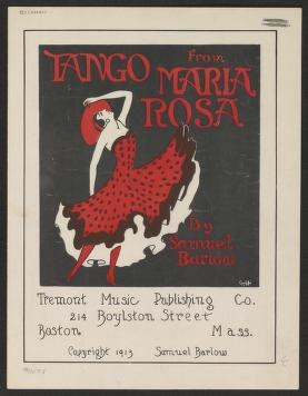 Color lithograph of two tango dancers: a woman in a red dress arched backward in a dramatic dip, supported by a dark-clad male partner.