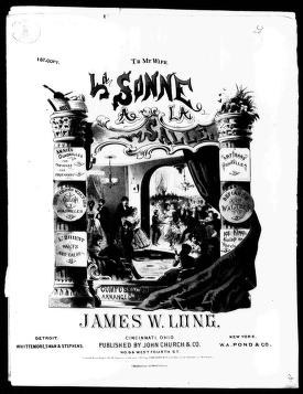Chromolithographic cover for sheet music showing four couples in formal dress dancing a quadrille, surrounded by ornamental cartouches and text.