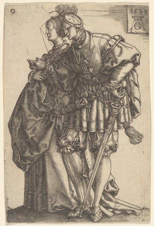 Engraving of a man in Renaissance costume supporting a woman in a dramatic near-horizontal recline, demonstrating partner acrobatics.