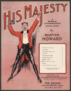 Colour lithograph poster: male dancer in red military jacket and black breeches in triumphant mid-leap pose against pink background