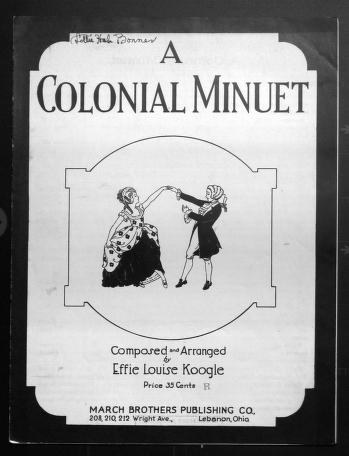 Sheet music cover showing a man and woman in eighteenth-century dress positioned formally apart, facing each other with raised arms.