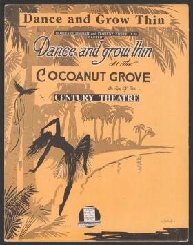 Art Deco sheet-music cover showing a slender woman in a languid pose with extended limbs, palm trees behind her, text reading 'Dance and grow thin'