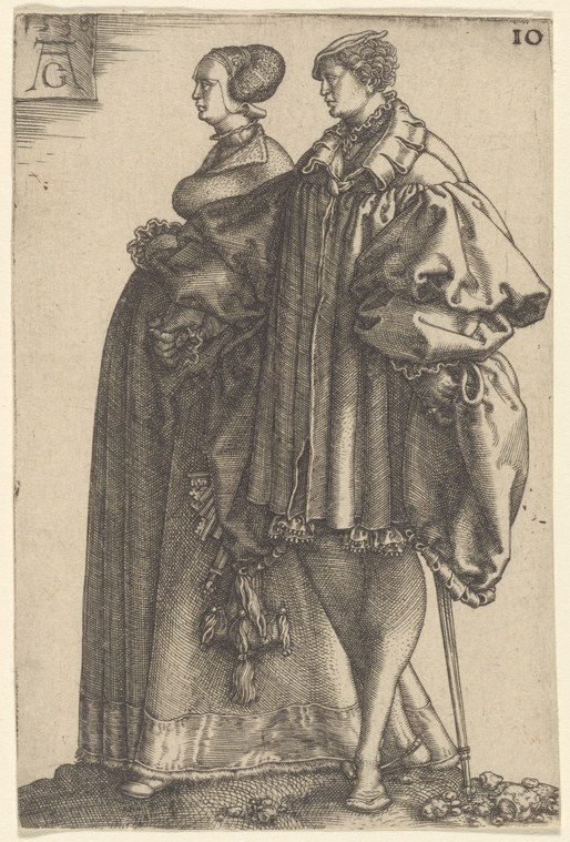 Two fashionably dressed Renaissance court women stand side by side, the one on the right holding a fur-lined cloak.
