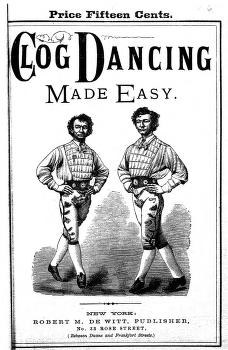 Two figures in work clothes stand frontally in static clog-dancing stance, flanking the title 'Clog Dancing Made Easy' on a printed instructional manual cover.