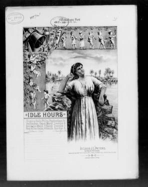 1882 illustration: woman in classical drapery gazes at landscape; above, frieze of dancing couples in contemporary dress.