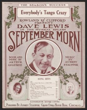 Chromolithographic theatrical advertisement for 'Everybody's Tango Crazy,' featuring portraits of three performers in formal dress and decorative borders.