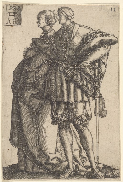 A man and woman in Renaissance dress stand together in a formal pose; the woman wears a jeweled gown and the man wears a feathered hat and doublet.